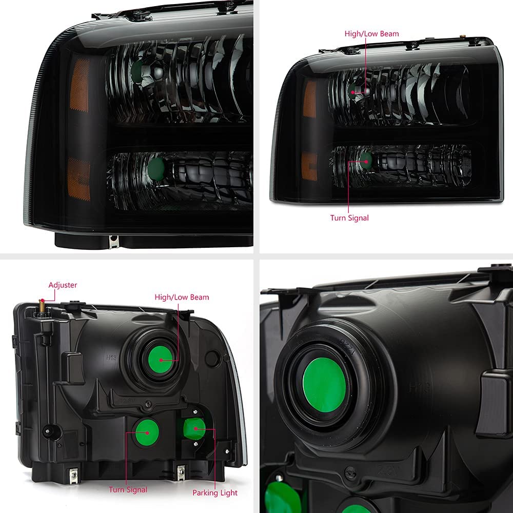 G-PLUS Headlights Assembly, Compatible with 2005-2007 Ford F250 F350 Super Duty Bumper Headlamps, Smoky Lens Black Housing Amber Reflector,faros delanteros