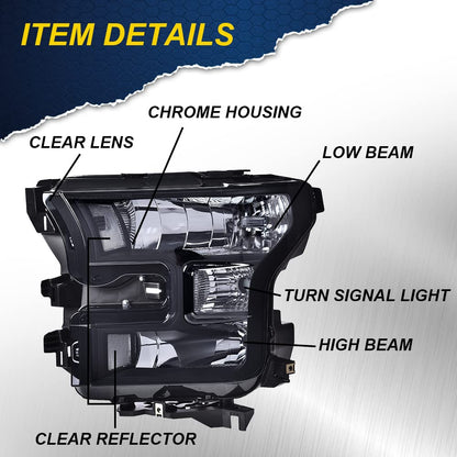 G-PLUS Headlights Assembly, Compatible with 2015 2016 2017 Ford F150 bumper Headlamp, Smoky lens Black Housing Clear Reflector