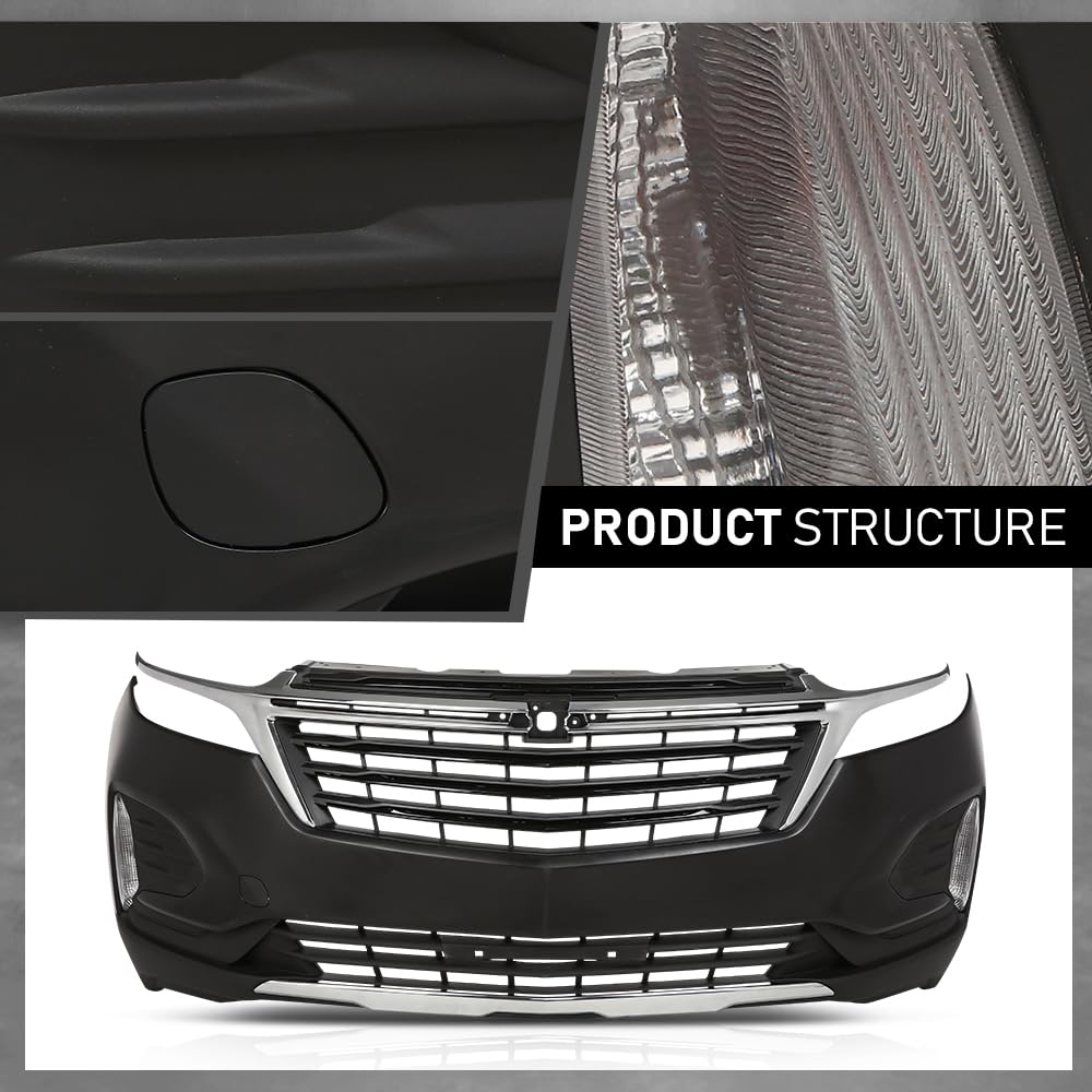 G-PLUS Front Upper + Lower Bumper Cover + Grills + Skid Plate + Fog Light + Tow Hook Compatible with Chevy Equinox 2022 2023 Front Bumper Cover Kit Grilles, Black