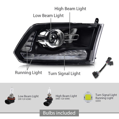 G-PLUS LED Projector Headlights Assembly Compatible with Dodge Ram 1500 2500 3500 2009-2012,Left & Right Pair Headlight Clear Lens Black Housing Clear Reflector,Front Headlamp Bar Plank Style