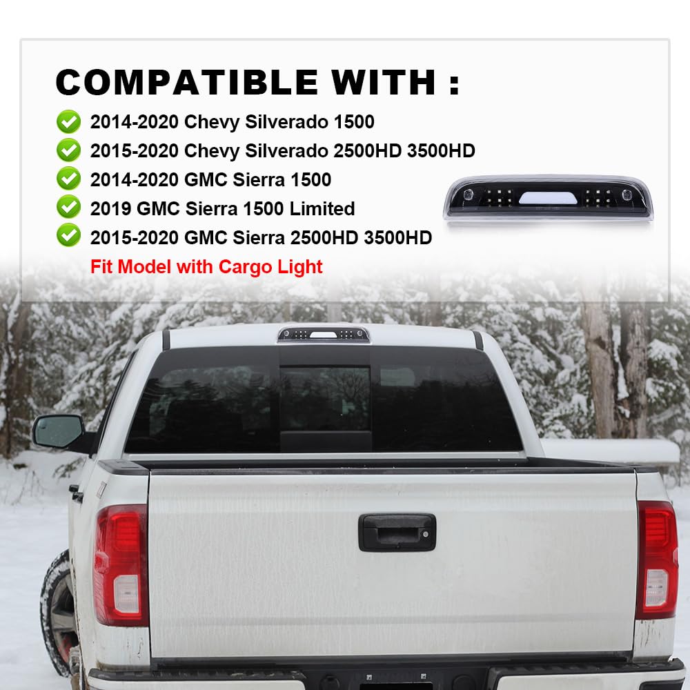 G-PLUS LED 3rd Third Brake Light Compatible with Chevy Silverado/GMC Sierra 1500 2014 2015 2016 2017 2018 2019 2020, High Mount Cargo Lamp, Clear Lens Black Housing, 23509162 20979071