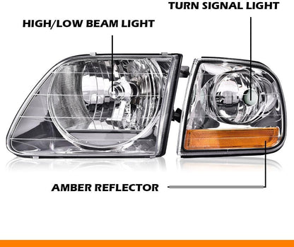 G-PLUS Headlights Assembly Left & Right Compatible with Ford Expedition 1997-2002; Fit Ford F150 1998-2003; Fit Ford F250 1988-1999 FO2520170, FO2521170 Clear lens Chrome Housing Amber Reflector