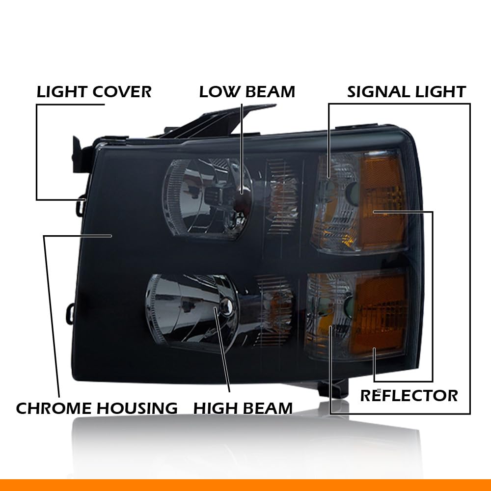 G-PLUS Headlights Fit Chevy Silverado 1500 2007-2013/Fit Chevy Silverado 2500 3500 & HD 2007-2014 Bumper Headlamps, Smoky Lens Black Housing Amber Reflector Left & Right Side,faros delanteros
