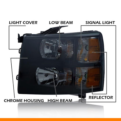G-PLUS Headlights Fit Chevy Silverado 1500 2007-2013/Fit Chevy Silverado 2500 3500 & HD 2007-2014 Bumper Headlamps, Smoky Lens Black Housing Amber Reflector Left & Right Side,faros delanteros