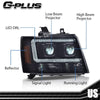 G-PLUS LED Tube Dual Projector Headlights, Compatible with 2007-2014 Chevy Tahoe/Suburban Bumper Headlamps Assembly, Smoky Lens Black Housing Amber Reflector,faros delanteros