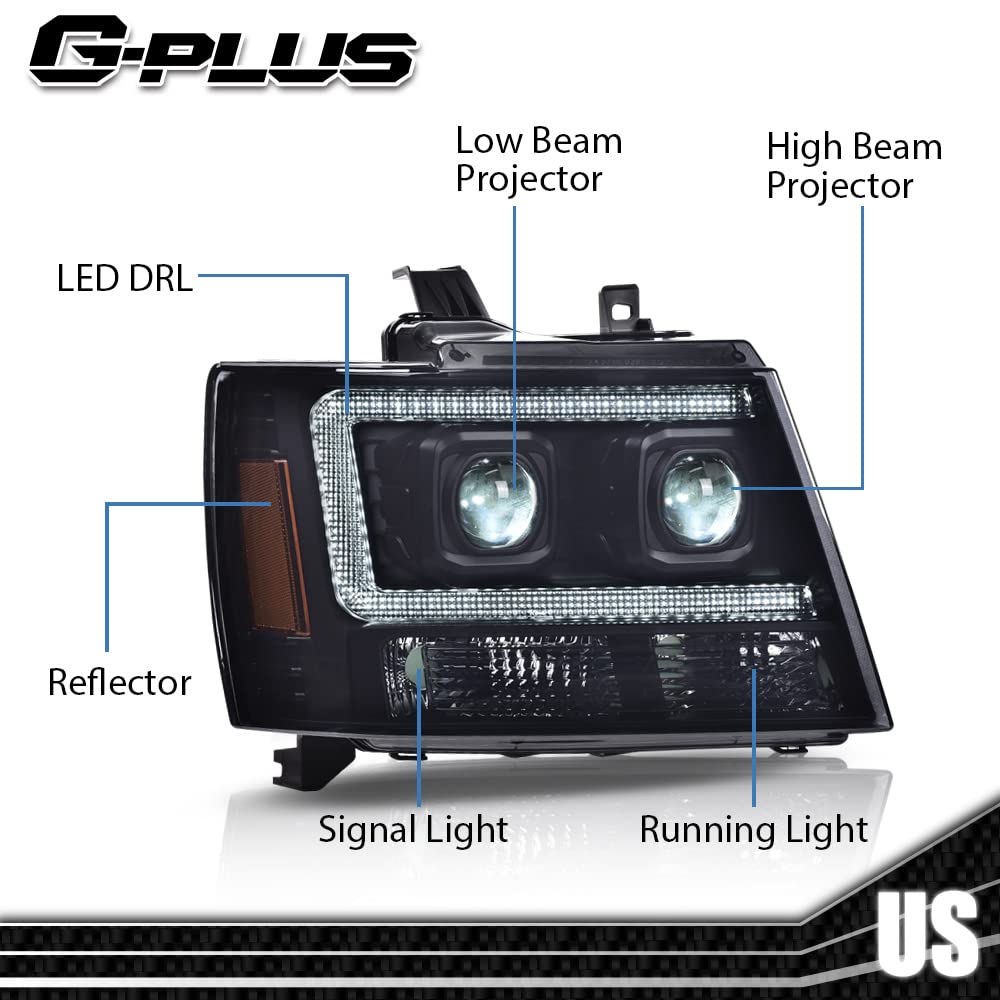 G-PLUS LED Tube Dual Projector Headlights, Compatible with 2007-2014 Chevy Tahoe/Suburban Bumper Headlamps Assembly, Smoky Lens Black Housing Amber Reflector,faros delanteros