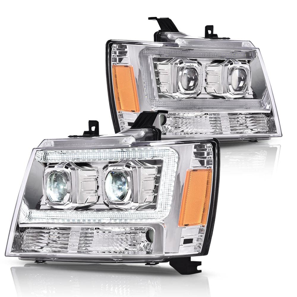 G-PLUS LED Tube Dual Projector Headlights, Compatible with 2007-2014 Chevy Tahoe/Suburban Bumper Headlamps Assembly, Clear Lens Chrome Housing Amber Reflector,faros delanteros