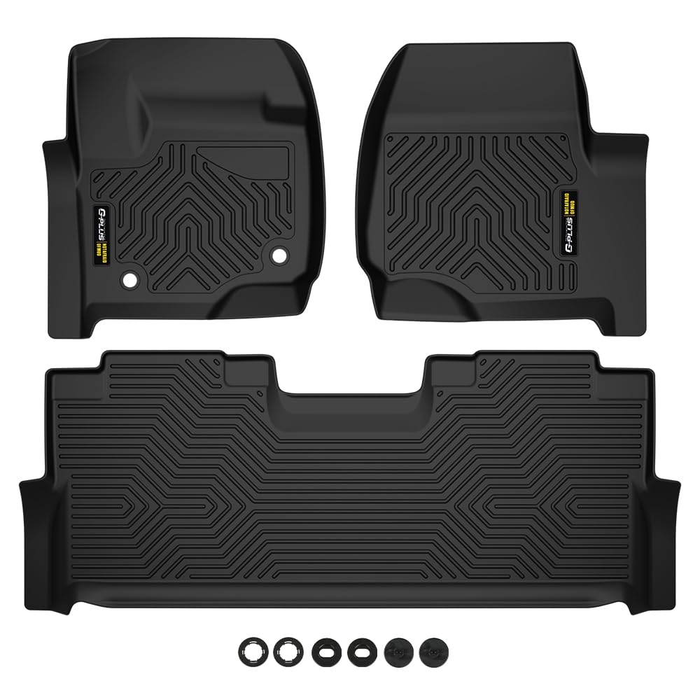 G-PLUS TPE Floor Mats Compatible with Ford F250 F350 F450 2017-2024 Super Duty Crew Cab w/Under Seat Storage Floor Liners All Weather Full Cover Protection 1st & 2nd Row Black Cargo Liner