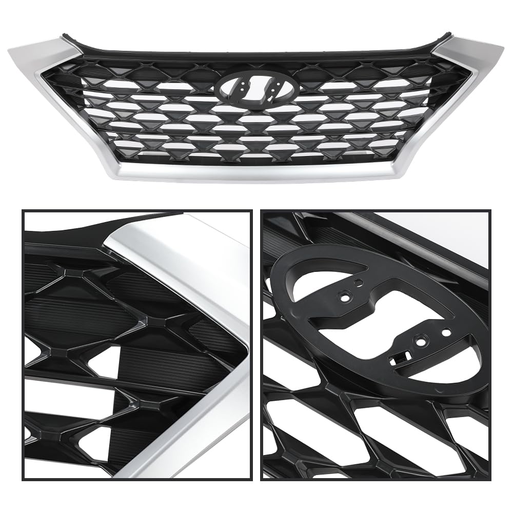 G-PLUS Front Upper Bumper Grille Chrome Gray & Black w/Black accents Compatible with Hyundai Tucson 2019 2020 2021 (For Models without Front Camera) HY1200225 86350D3500 86350-D3500