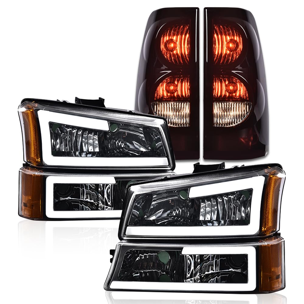G-PLUS LED DRL Headlights Assembly + Tail Lights Fit Chevy Silverado 1500 1500 HD 2500 2500 HD 2003-2006, Clear Lens Chrome Housing Amber Reflector Headlamps Assembly Dark Red Taillights