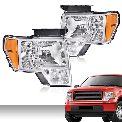 G-PLUS Headlights Assembly, Compatible with 2009-2014 Ford F150(NOT Fit LED Style,Only Fit w/o LED Style) Clear Lens Chrome Housing Amber Reflector, Left & Right Bumper Headlamps,faros delanteros