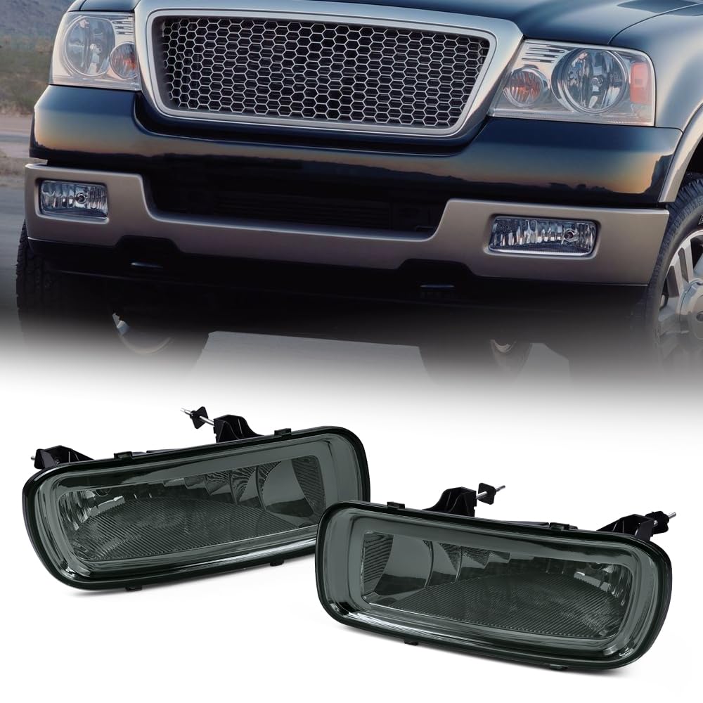 G-PLUS Front Bumper Fog Lights Lamps Compatible with 2004 2005 2006 Ford F150 Lincoln Mark LT Pickup Truck Driver and Passenger Side Smoke Lens Driving Fog Lamp Accessories