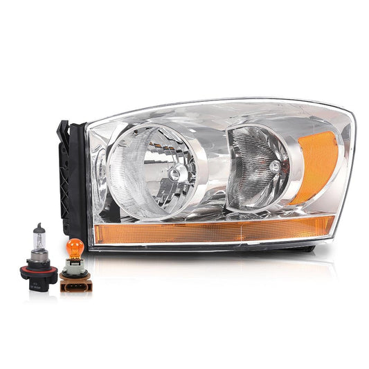 G-PLUS Headlights Assembly w/Bulbs Light Bar Left Driver Side Compatible with Dodge Ram 1500 2006-2008/Fit Dodge Ram 2500 3500 2006-2009 Clear Lens Chrome Housing Amber Reflector 55077795AB CH2518114
