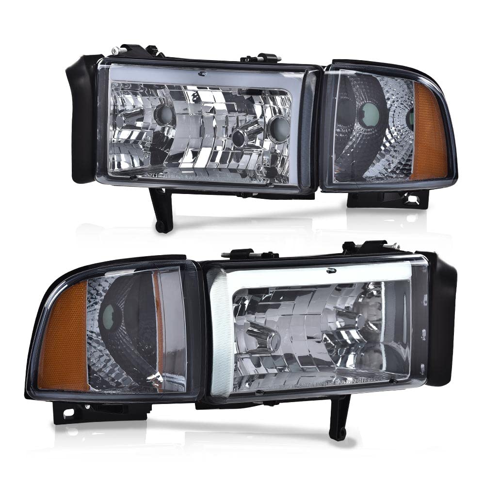 G-PLUS LED Headlights Assembly Fit Dodge Ram 1500 1994-2001,Fit Dodge Ram 2500 3500 1994-2002(Not for Ram Sport) Headlamps w/o Bulbs Smoky Lens Chrome Housing Amber Reflector Left & Right