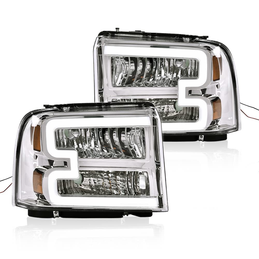 G-PLUS LED DRL Headlights, Compatible with 2005 2006 2007 Ford F250 F350 F450 F550 Super Duty Bumper Headlamps, Clear Lens Chrome Housing Amber Reflector