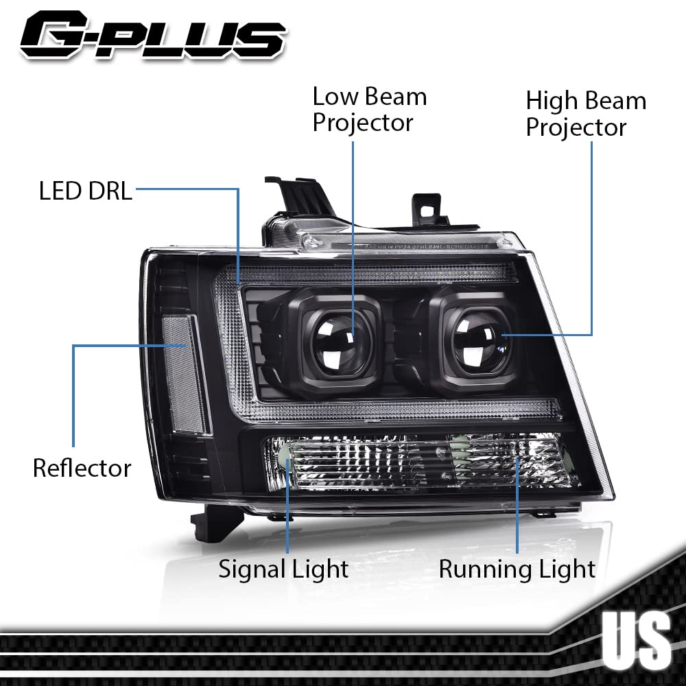 G-PLUS LED Tube Dual Projector Headlights, Compatible with 2007-2014 Chevy Tahoe/Suburban Bumper Headlamps Assembly, Clear Lens Black Housing Clear Reflector,faros delanteros