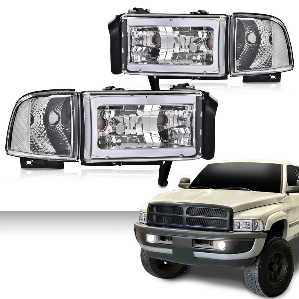 G-PLUS LED Light Strip Headlights w/o Bulbs Fit Dodge Ram 1500 1994-2001/Dodge Ram 2500 3500 1994-2002 w/o Bulbs Clear Lens Chrome Housing Clear Reflector Bumper Headlamps,faros delanteros Assembly