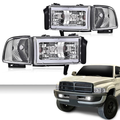 G-PLUS LED Light Strip Headlights w/o Bulbs Fit Dodge Ram 1500 1994-2001/Dodge Ram 2500 3500 1994-2002 w/o Bulbs Clear Lens Chrome Housing Clear Reflector Bumper Headlamps,faros delanteros Assembly