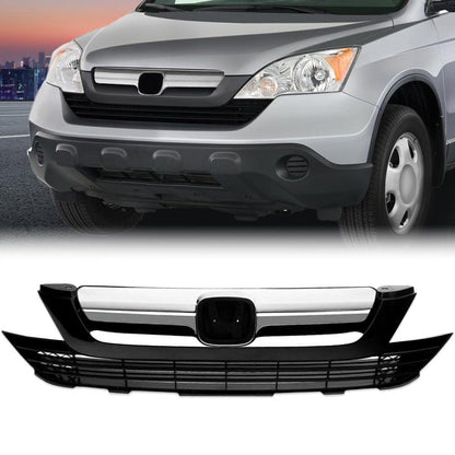 G-PLUS Front Upper Lower Bumper Grille Mesh Grill Cover Guard Compatible with Honda CRV 2007 2008 2009 Black/Chrome Trim