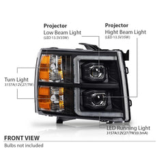 G-PLUS LED Tube Dual Projector Headlights for Chevy Silverado 2500 3500 2007-2014 Clear Black Side View
