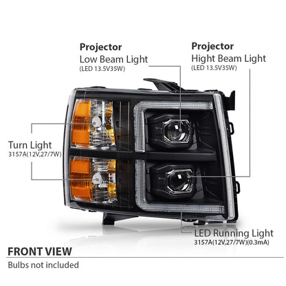 G-PLUS LED Tube Dual Projector Headlights Assembly, Fit Chevy Silverado 2500 3500 & HD 2007-2014/Fit Chevy Silverado 2007-2013,Headlamps Clear Lens Black Housing Amber Reflector,faros delanteros