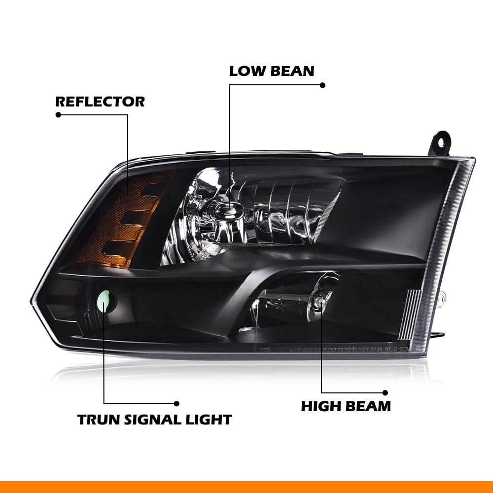 G-PLUS Headlights Assembly Front Headlamp Fit Dodge Ram 1500 2500 3500 2009-2012(New Body Style),Only Fit Factory Quad Style, Clear lens Black Housing Amber Reflector