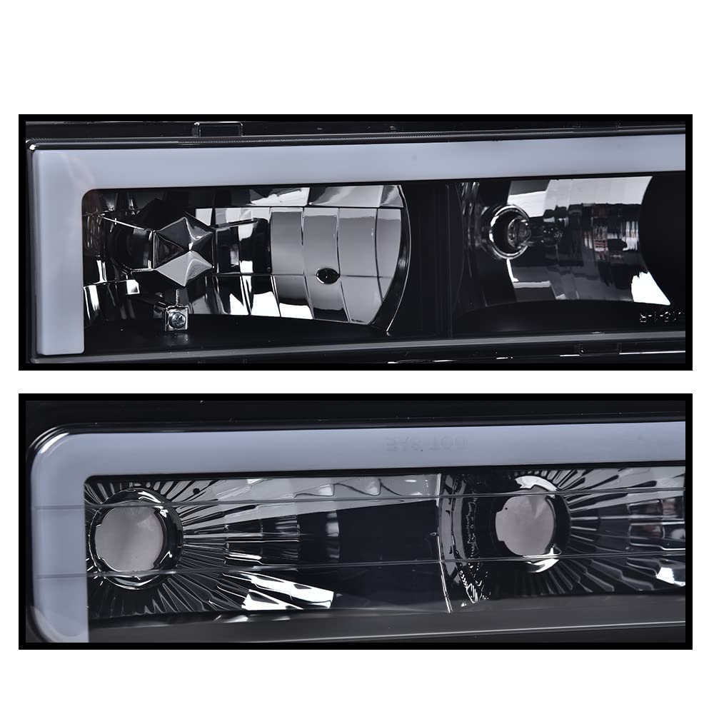 G-PLUS LED DRL headlights, Compatible with 1994 1995 1996 1997 1998 1999 2000 GMC C10 C/K C1500 bumper Headlamp, Smoky lens Black Housing Clear Reflector