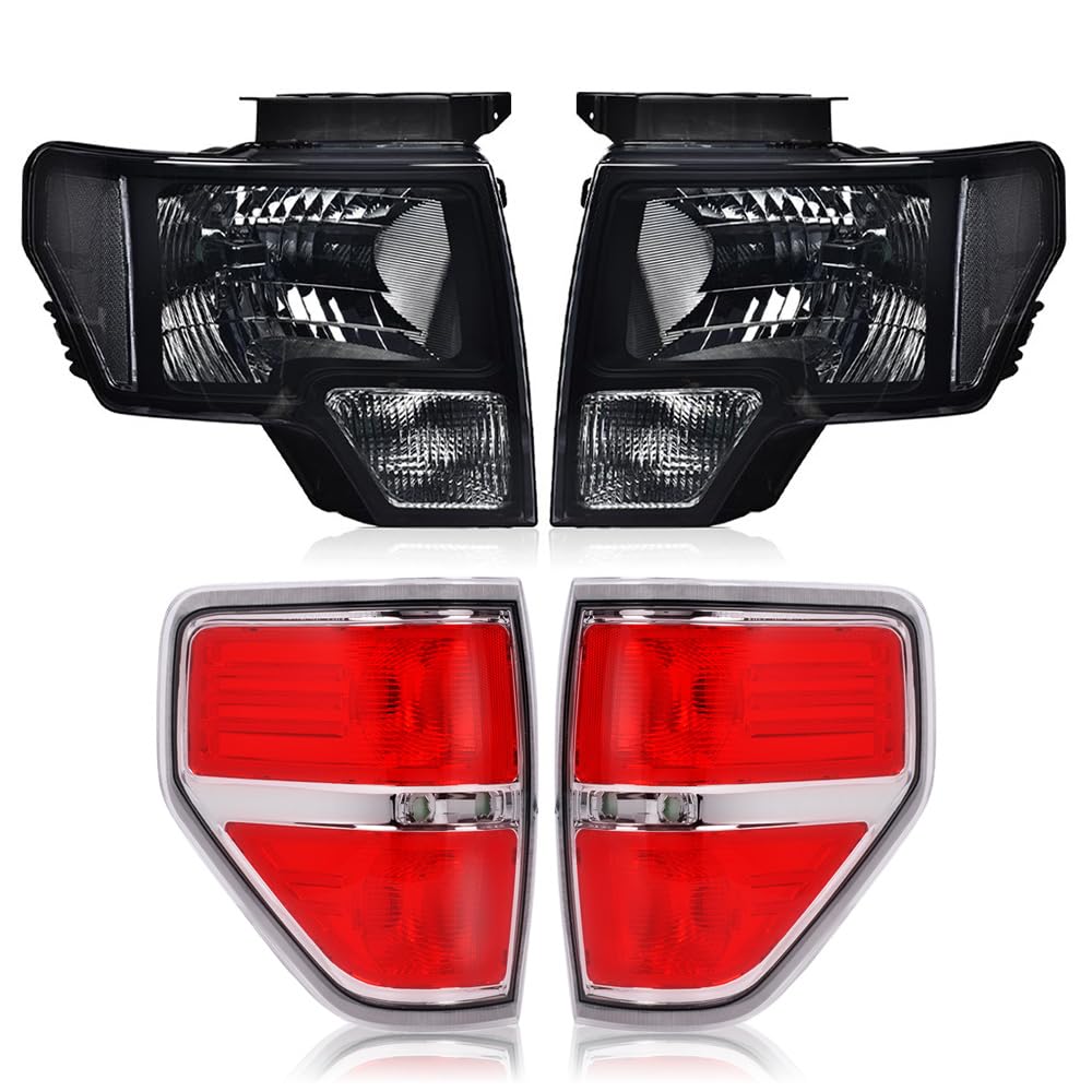 G-PLUS Headlights & Tail Lights Compatible with Ford F150 2009 2010 2011 2012 2013 2014 Pair Not Fit LED Style (Smoky Lens Black Housing Clear Reflector Headlights + Tail Lights)