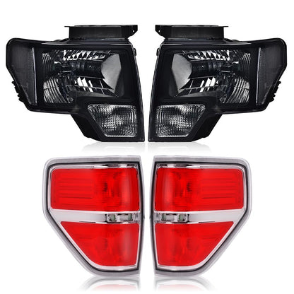 G-PLUS Headlights & Tail Lights Compatible with Ford F150 2009 2010 2011 2012 2013 2014 Pair Not Fit LED Style (Smoky Lens Black Housing Clear Reflector Headlights + Tail Lights)
