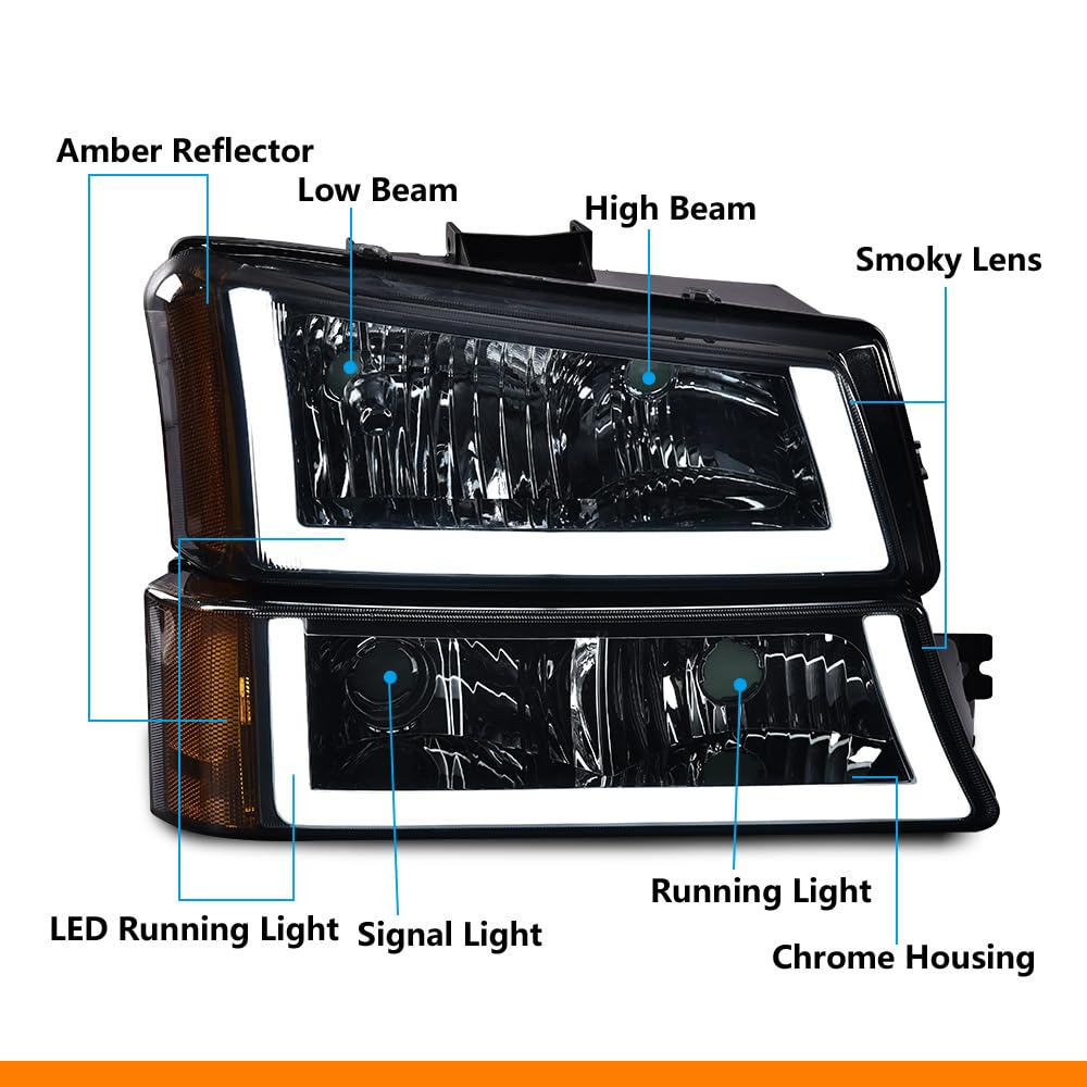 G-PLUS LED Headlights Assembly + Tail Lights Fit Chevy Silverado 1500 1500 HD 2500 2500 HD 2003-2006, Smoky Lens Chrome Housing Amber Reflector Headlamps Assembly Dark Red Taillights