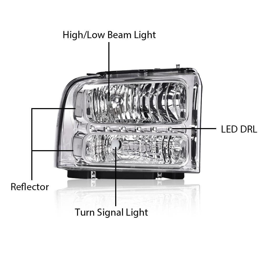 G-PLUS Smoked LED DRL headlights, Compatible with 2005 2006 2007 Ford F250 F350 F450 F550 Super Duty Bumper Headlamps, Clear Lens Chrome Housing Clear Reflector FO2503217,faros delanteros