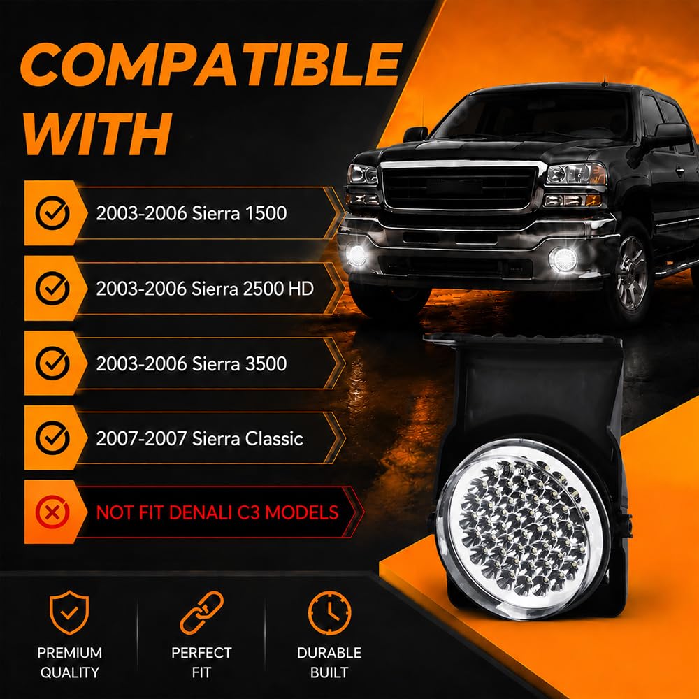 G-PLUS White Full LED Fog Lights Lamp with Switch/Bulbs/wiring harness Compatible with GMC Sierra 2003-2007 Pickup Truck Clear Lens Bumper Fog Light Kit