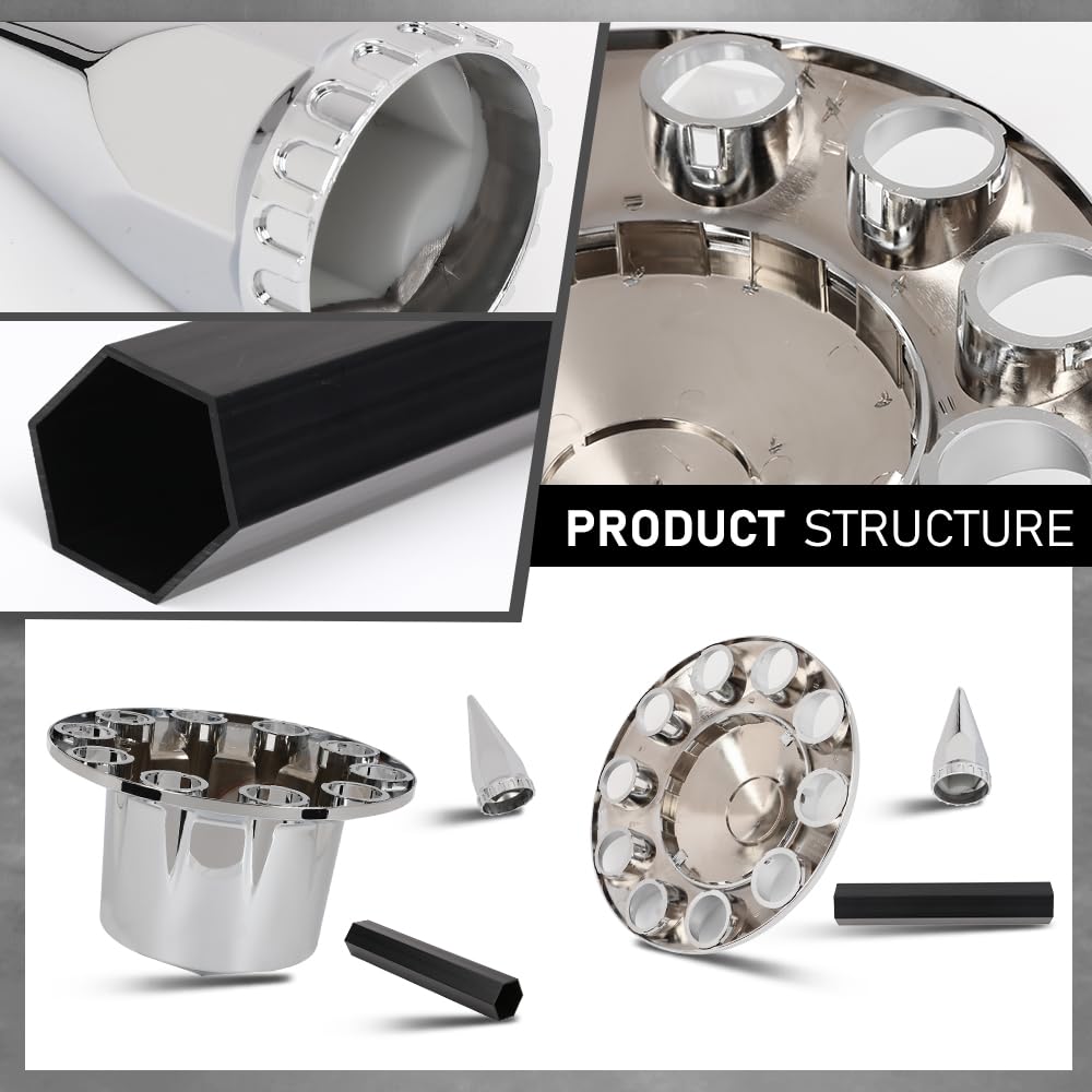 G-PLUS Chrome Hub Cover Kit, 33mm Front & Rear Semi Truck Wheel Axle Covers Spiked, Fit Semi-Trucks 20", 22.5" and 24.5" Hub Piloted Wheels
