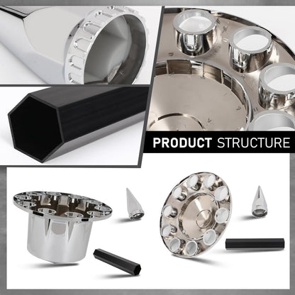 G-PLUS Chrome Hub Cover Kit, 33mm Front & Rear Semi Truck Wheel Axle Covers Spiked, Fit Semi-Trucks 20", 22.5" and 24.5" Hub Piloted Wheels