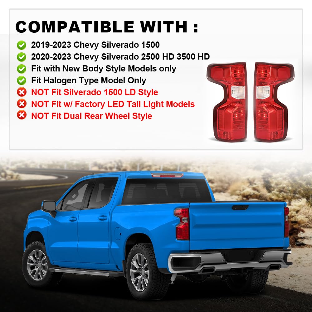 G-PLUS Tail Lights Assembly Rear Beake Lamps Fit Chevy Silverado 1500 2019-2023/Fit Silverado 2500HD 3500HD 2020-2023,Fit Halogen Type Only,Not Fit w/Factory LED Tail Light,Left+Right Luces Traseras