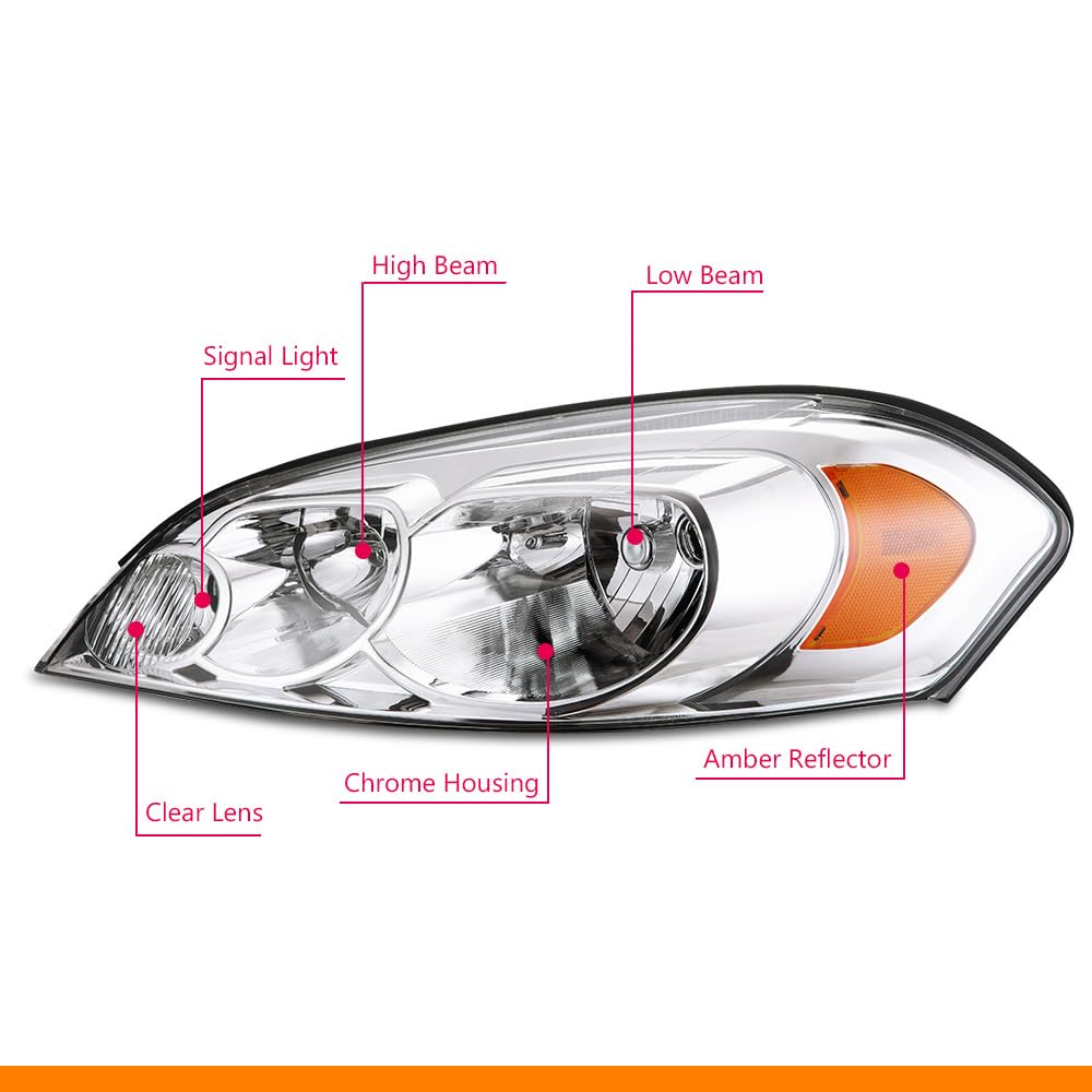 G-PLUS Headlights Assembly,Fit 2006-2007 Chevy Monte Carlo/2006-2013 Chevy Impala/2014-2016 Impala Limited Headlamp Right,Clear Lens Chrome Housing Amber Reflector Bumper Headlamps