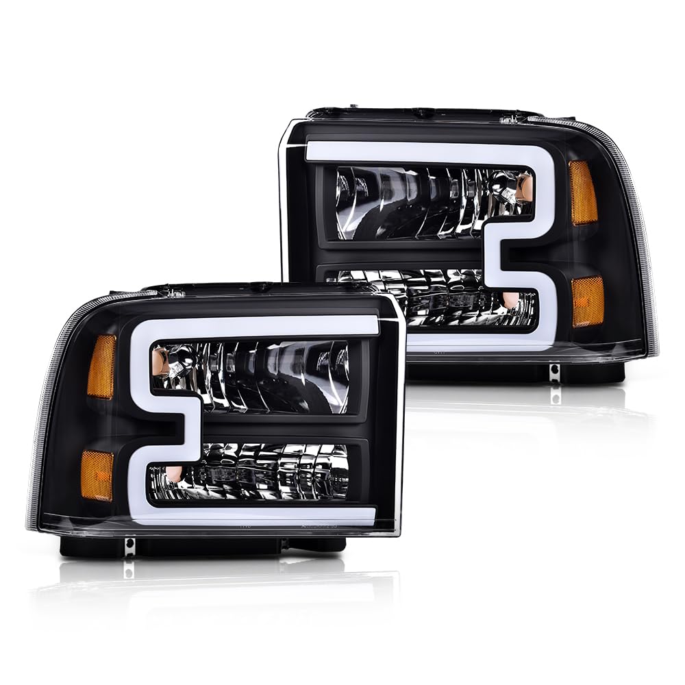 G-PLUS LED DRL BAR Headlight Assembly Compatible with Ford F250 F350 F450 F550 Super Duty 2005-2007/Fit Ford Excursion 2005 HeadLamps Clear lens Black Housing Amber Reflector FO2503217 ‎6C3Z13008CB