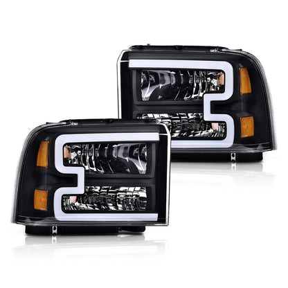 G-PLUS LED DRL BAR Headlight Assembly Compatible with Ford F250 F350 F450 F550 Super Duty 2005-2007/Fit Ford Excursion 2005 HeadLamps Clear lens Black Housing Amber Reflector FO2503217 ‎6C3Z13008CB