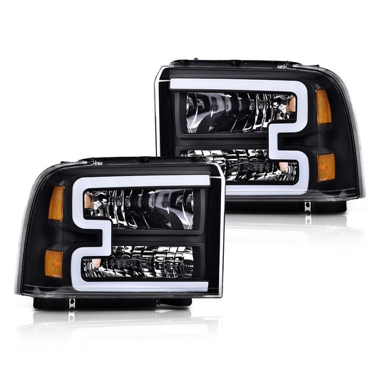 G-PLUS LED DRL BAR Headlight Assembly Compatible with Ford F250 F350 F450 F550 Super Duty 2005-2007/Fit Ford Excursion 2005 HeadLamps Clear lens Black Housing Amber Reflector FO2503217 ‎6C3Z13008CB