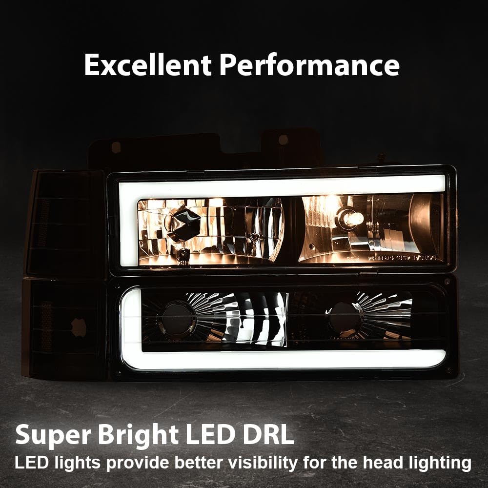 G-PLUS LED Headlights Assembly w/Bulbs Fit GMC C1500 K1500 Yukon 1994-1999, Fit GMC C2500 C3500 K2500 K3500 1994-2000, Left & Right Headlamps Assembly, Clear Lens Black Housing Clear Reflector