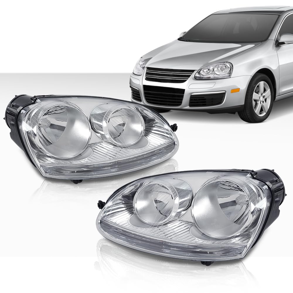 G-PLUS Headlights Assembly Set w/Bulbs Compatible with Volkswagen Jetta 2005-2010/ Fits Volkswagen Rabbit 2006-2009 Left and Right Clear Lens Chrome Housing Bumper Headlamps,faros delanteros