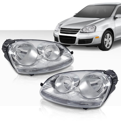 G-PLUS Headlights Assembly Set w/Bulbs Compatible with Volkswagen Jetta 2005-2010/ Fits Volkswagen Rabbit 2006-2009 Left and Right Clear Lens Chrome Housing Bumper Headlamps,faros delanteros
