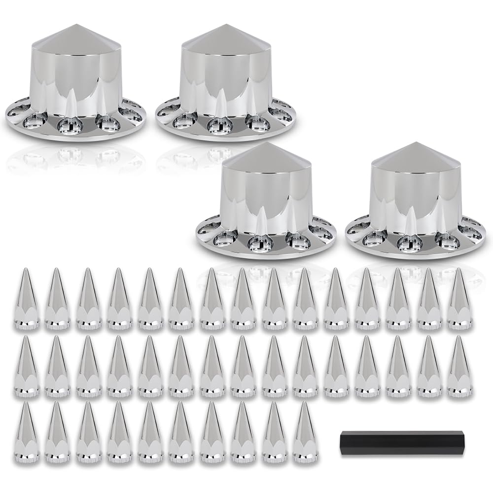 G-PLUS Rear Wheel Cover Axle 33mm Spiked Hub Cover Kit Removable Caps Compatible with Semi-Trucks 22.5" and 24.5" Wheels ABS Chrome Semi Truck Hub Covers
