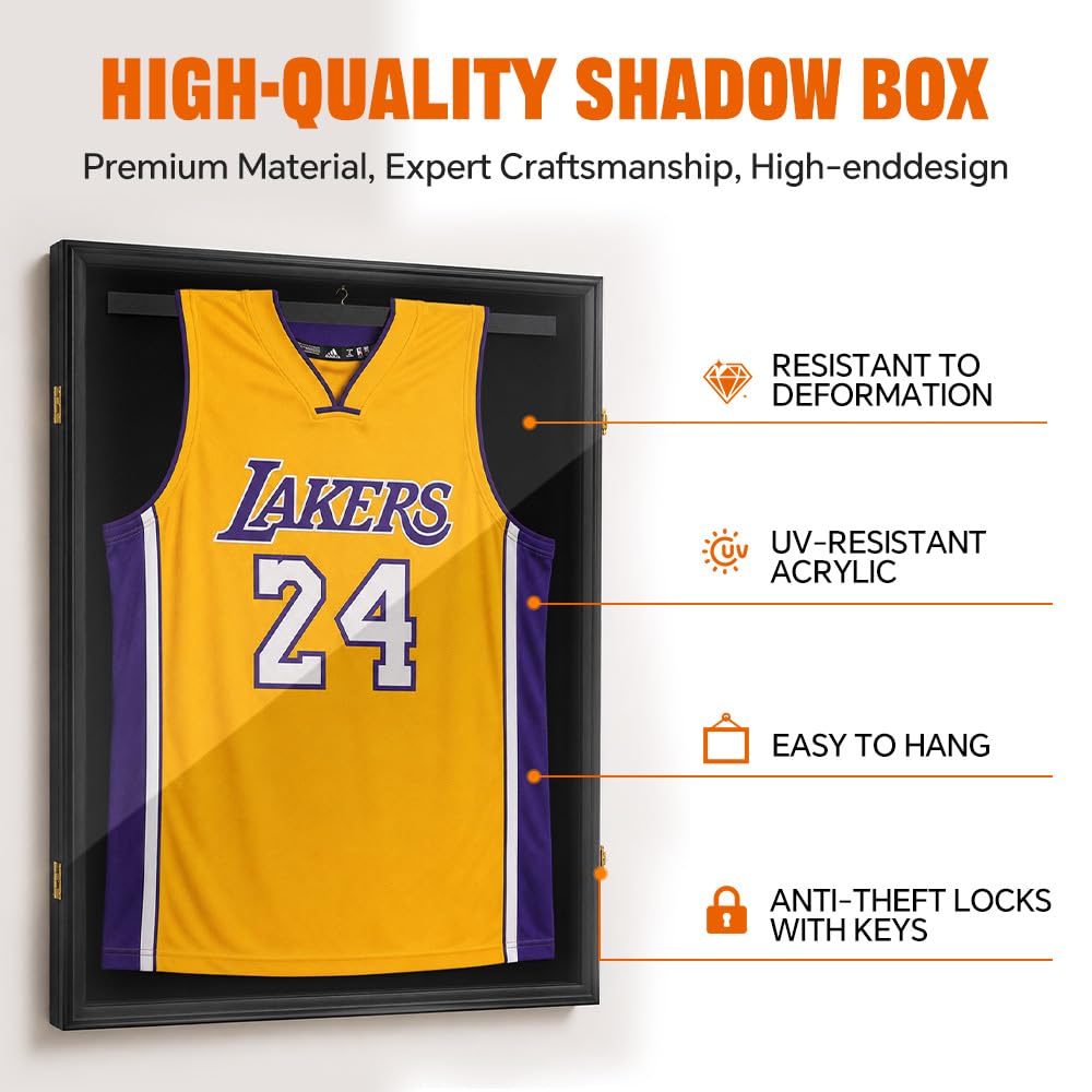 G-PLUS Wall Art Display 32" Jersey Cover Football Basketball Shirt Frame Lockable Box Rack Wall Display/Case Black