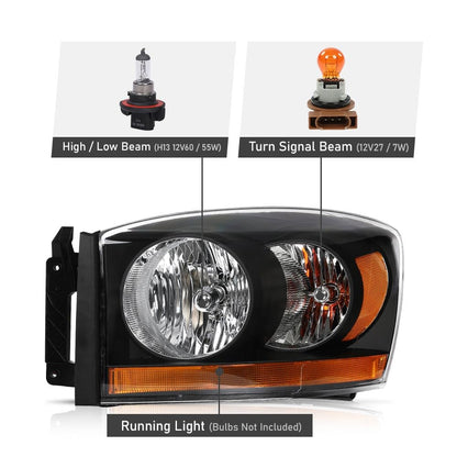 G-PLUS Headlights Assembly w/Bulbs Light Bar Left and Right Side Compatible with Dodge Ram 1500 2006-2008/Fit Dodge Ram 2500 3500 2006-2009 Clear Lens Black Housing Amber Reflector Faro