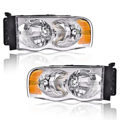 G-PLUS Headlights Bumper Headlamps Assembly Compatible with 2002-2005 Dodge Ram 1500 2500 3500, Clear Lens Chrome Housing Amber Reflector,faros delanteros