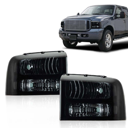 G-PLUS Headlights Assembly, Compatible with 2005 2006 2007 Ford F250 F350 Super Duty Bumper Headlamps,Smoky Lens Black Housing Clear Reflector,Left & Right faros delanteros