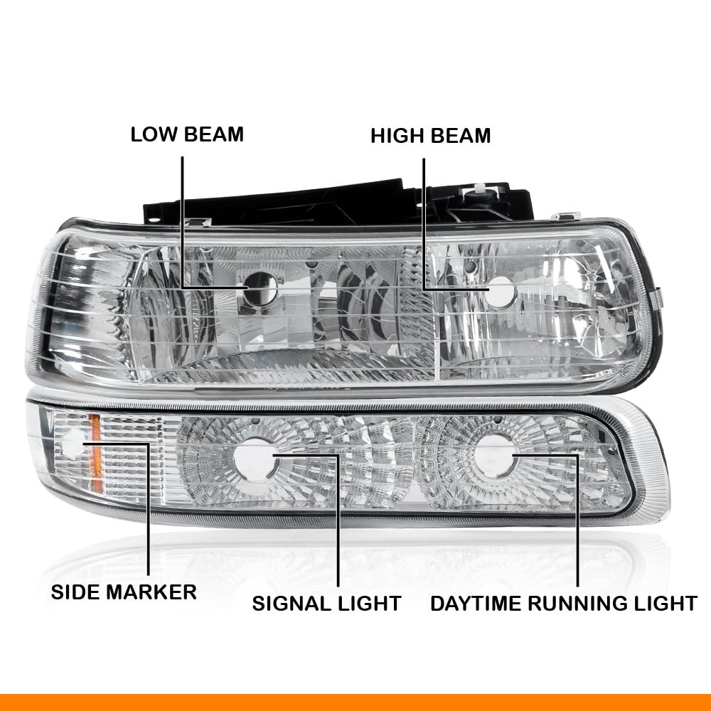 G-PLUS Headlights Assembly & LED 3rd Brake Light Compatible with Chevy Silverado 1999-2002 Fit GMC Sierra 1500 2500HD 3500 1999-2006 LED 3rd Brake Light