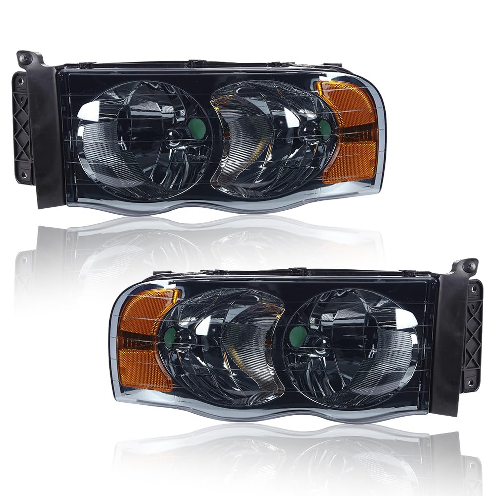 G-PLUS Headlights Assembly, Compatible with 2002 2003 2004 2005 Dodge Ram 1500 2500 3500 Bumper Headlamp, Smoky Lens Chrome Housing Amber Reflector