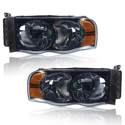 G-PLUS Headlights Assembly, Compatible with 2002 2003 2004 2005 Dodge Ram 1500 2500 3500 Bumper Headlamp, Smoky Lens Chrome Housing Amber Reflector